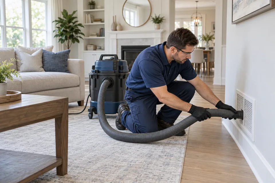 Air duct cleaning professional in a modern home — illustrative image