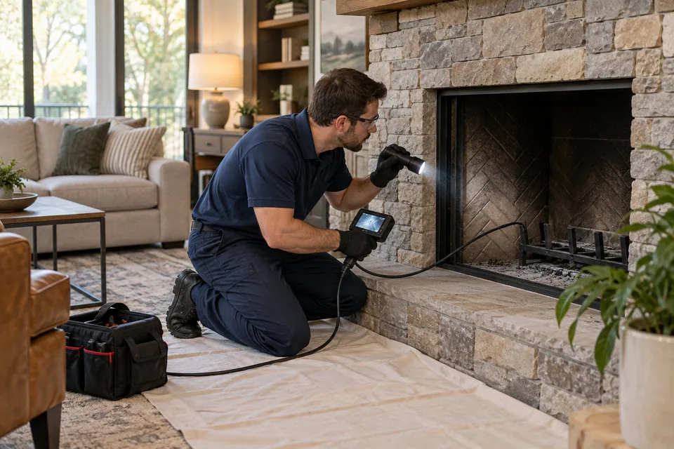 Chimney professional inspecting a stone fireplace — illustrative image