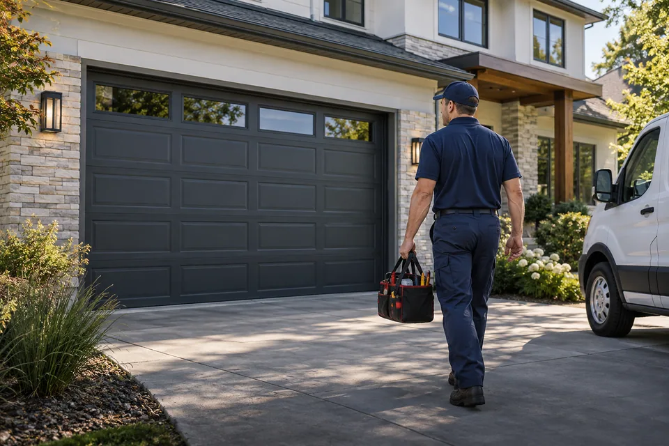 Garage door professional outside a modern home — illustrative image