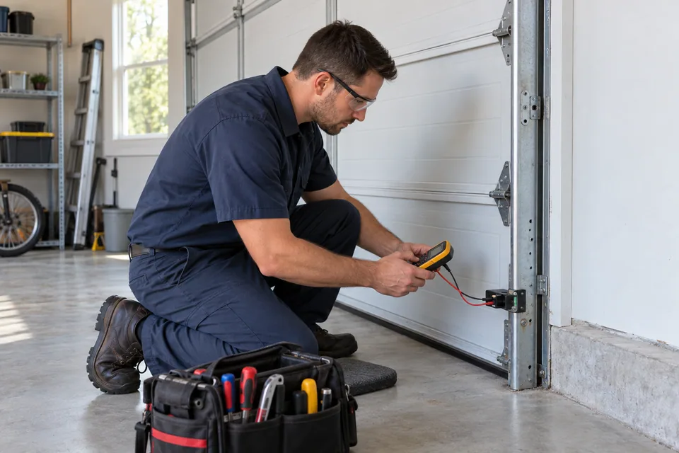 Technician working on a residential garage door — illustrative image