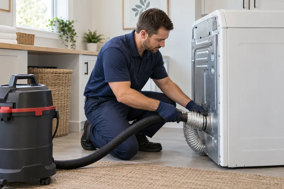 Dryer vent technician in a contemporary laundry room — illustrative image