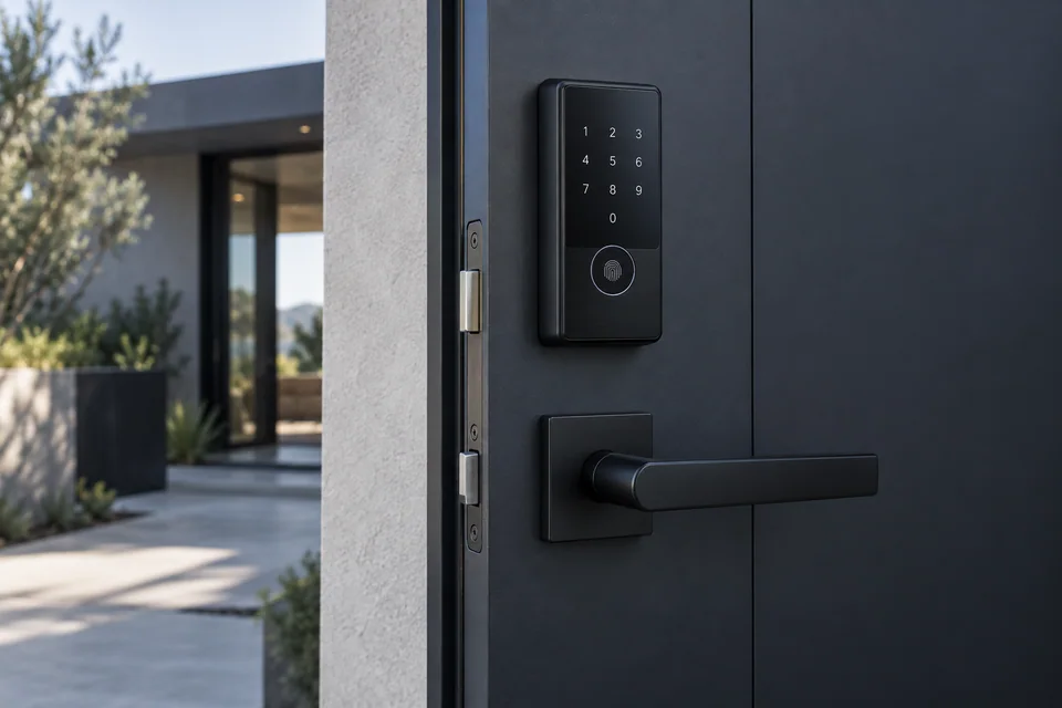 Modern smart lock on an architectural entry door — illustrative image