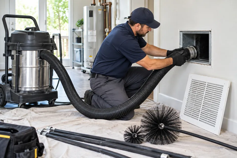 Illustrative campaign image: air-duct cleaning equipment and vacuum hose beside an open residential vent.