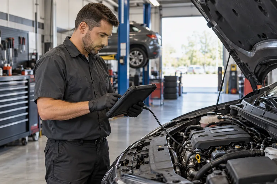 Illustrative campaign image: mechanic using a diagnostic tablet beside a car with its hood open.