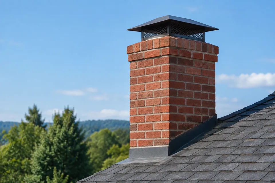 Illustrative campaign image: red brick chimney with a protective metal rain cap.