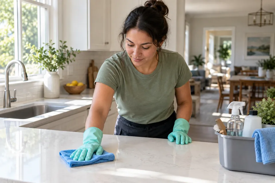 Illustrative campaign image: house-cleaning professional wiping a kitchen counter with a microfiber cloth.