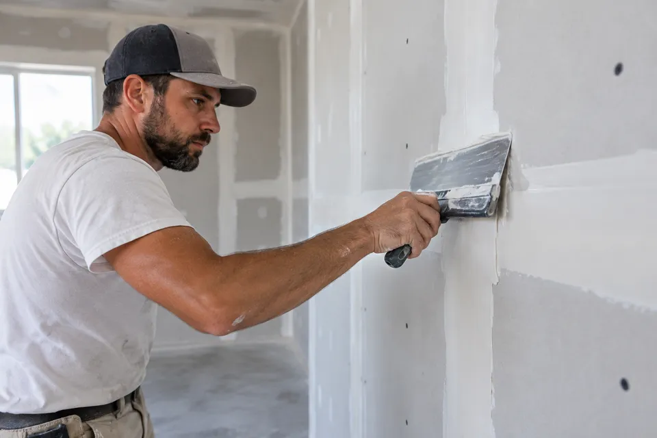Illustrative campaign image: drywall professional smoothing joint compound across a seam.