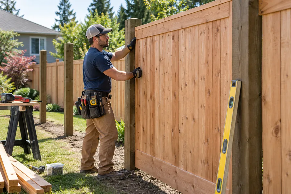 Illustrative campaign image: privacy fence installation in a residential yard