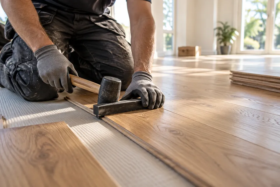 Illustrative campaign image: installer fitting oak hardwood floor planks.