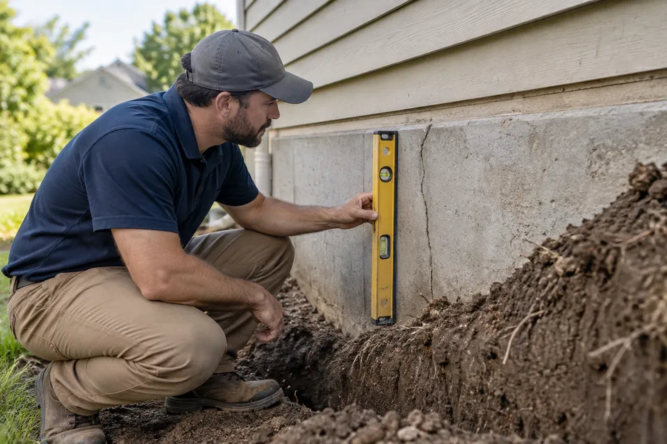 Illustrative campaign image: specialist inspecting a concrete home foundation with a level.