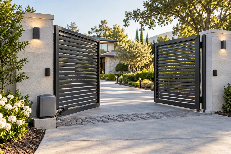 Illustrative campaign image: automated driveway gate at a home
