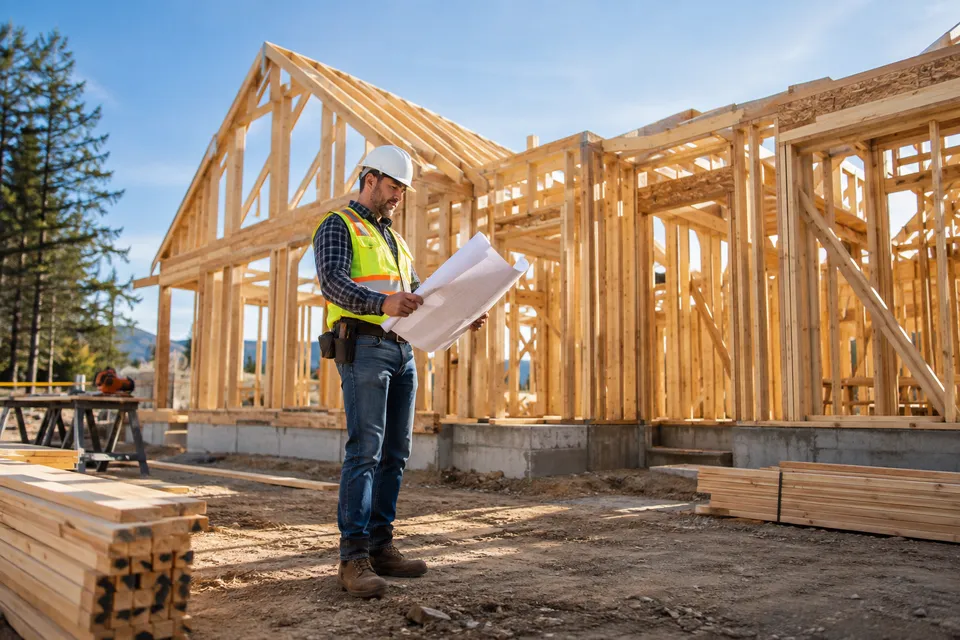 Illustrative campaign image: contractor reviewing plans at a timber-framed home construction site.