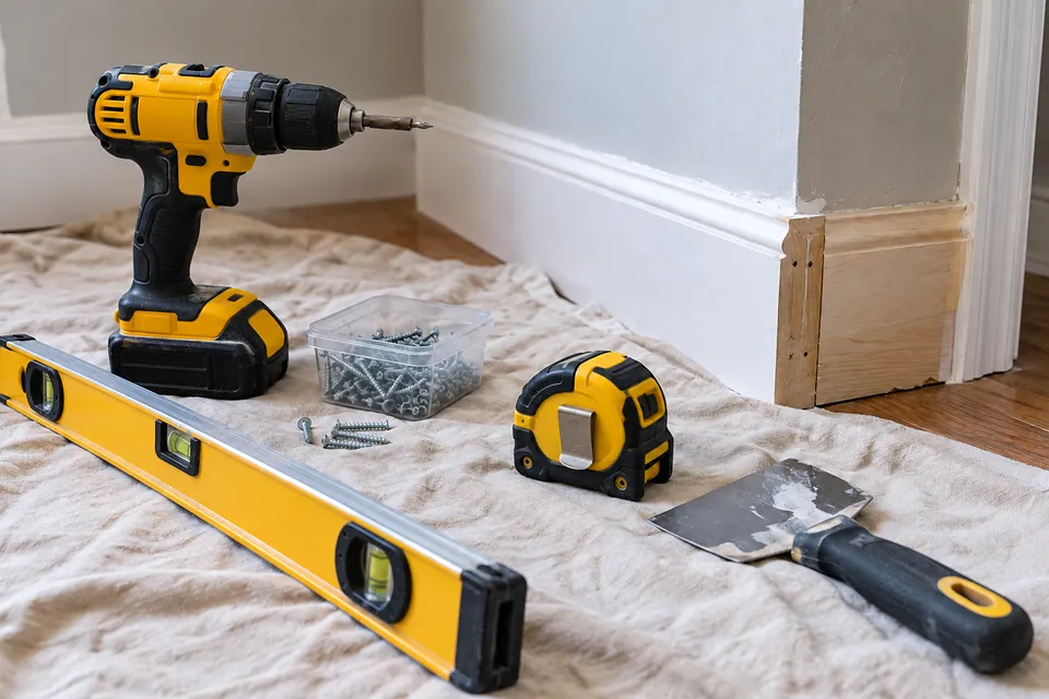 Illustrative campaign image: handyman tools prepared for interior trim repair.