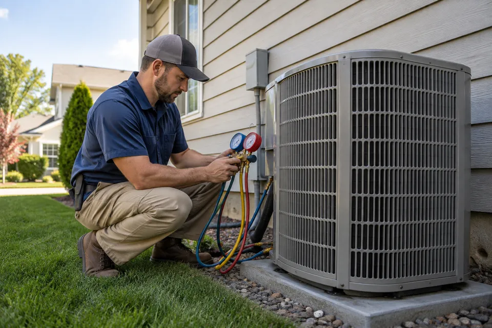 Illustrative campaign image: HVAC technician servicing an outdoor air conditioning unit.