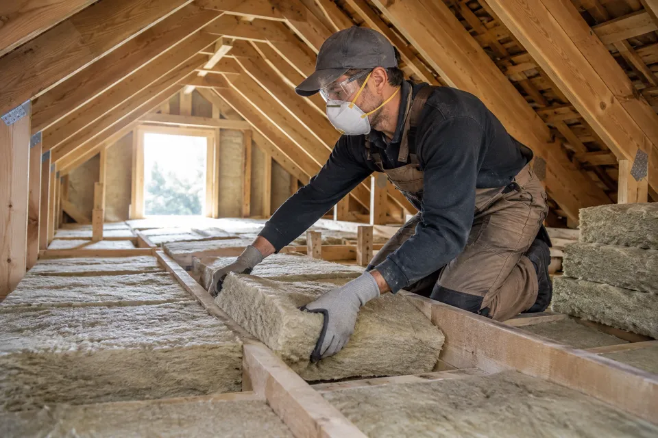 Illustrative campaign image: installer placing insulation batts between attic joists.