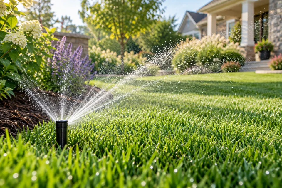 Illustrative campaign image: sprinkler watering a landscaped garden