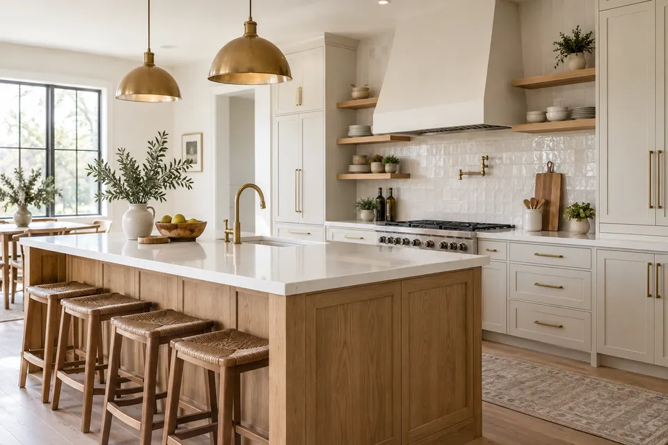 Illustrative campaign image: modern fitted kitchen with an oak island and quartz counters.
