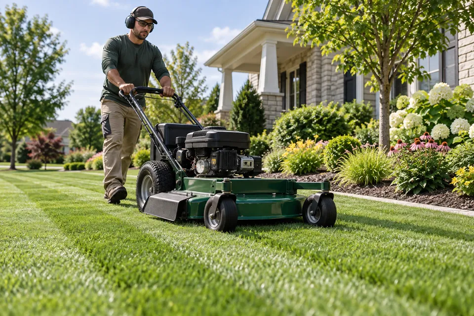 Illustrative campaign image: lawn care professional mowing a green lawn