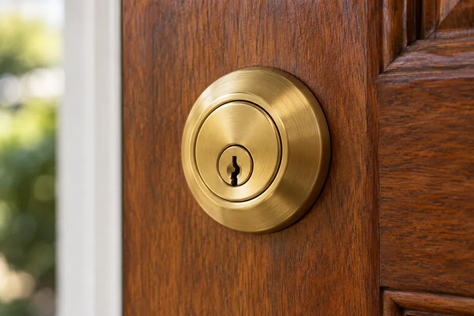 Illustrative campaign image: close view of a brass lock cylinder installed in a wood front door.