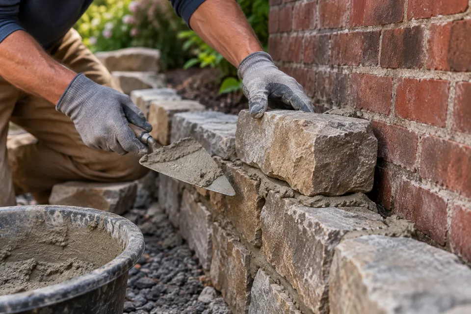 Illustrative campaign image: mason setting stone beside a red brick garden wall.