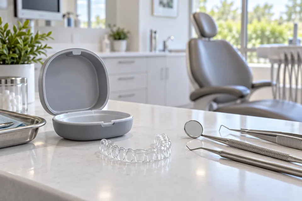 Illustrative campaign image: clear aligner case and orthodontic tools