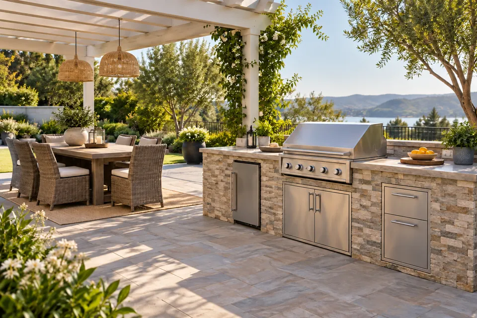 Illustrative campaign image: outdoor kitchen on a stone patio