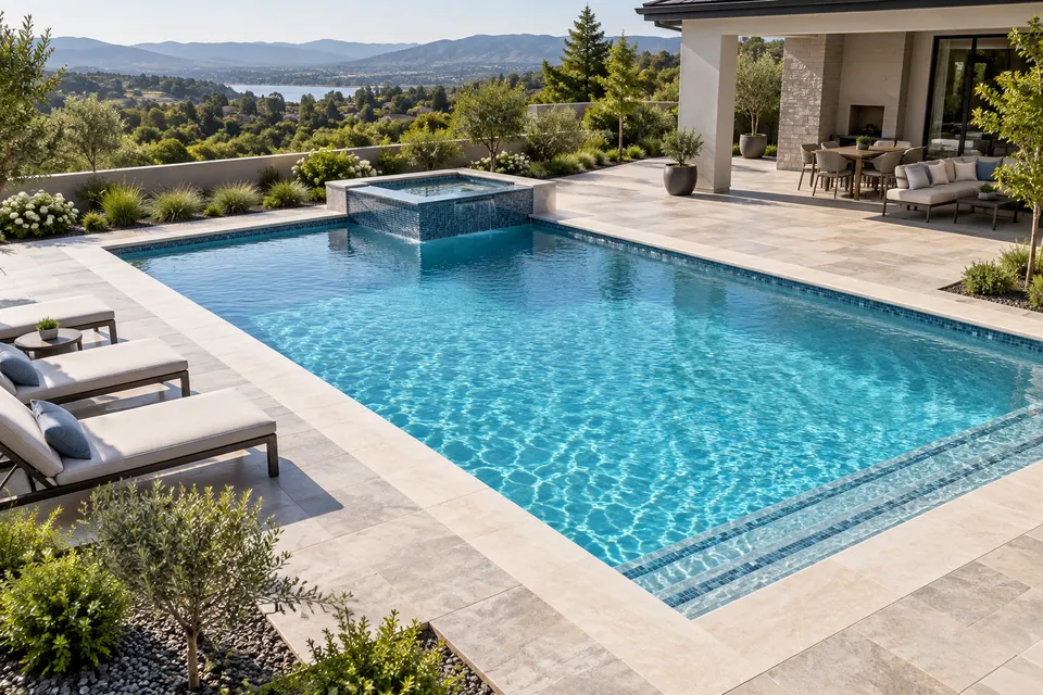 Illustrative campaign image: new pool in a finished backyard