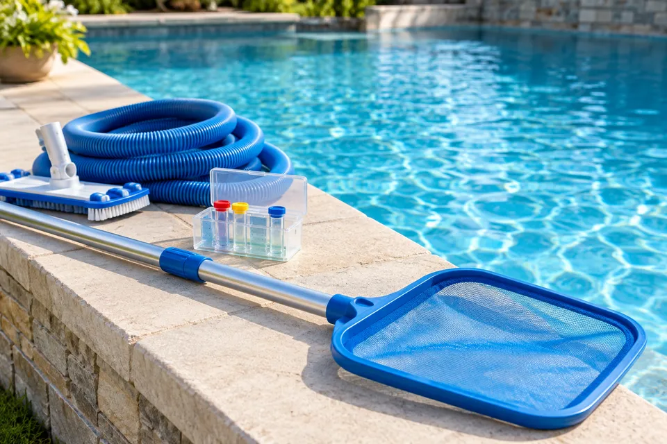 Illustrative campaign image: pool maintenance equipment at the pool edge
