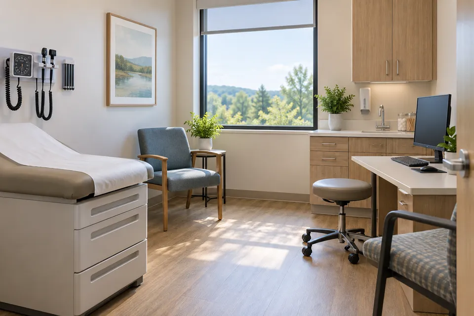 Illustrative campaign image: welcoming primary care consultation room