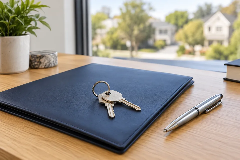 Illustrative campaign image: house keys resting on an unmarked legal folder beside an office window.