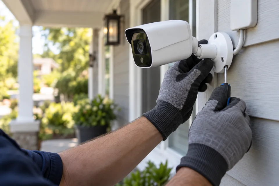 Illustrative campaign image: technician adjusting a modern outdoor security camera on a house wall.