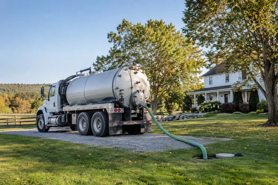 Illustrative campaign image: septic service truck beside a rural home.