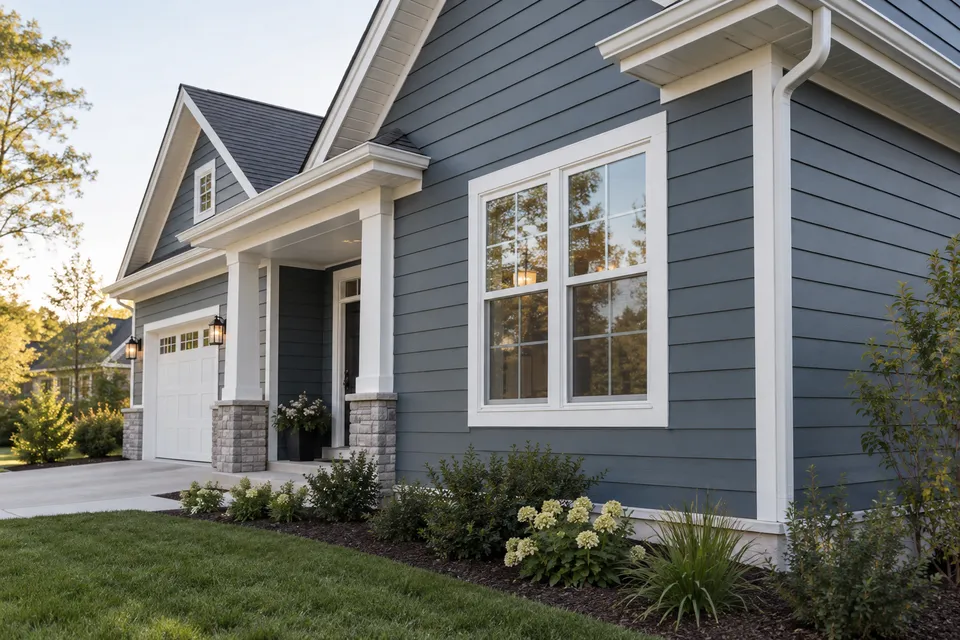 Illustrative campaign image: blue-gray fiber cement siding with white exterior trim.