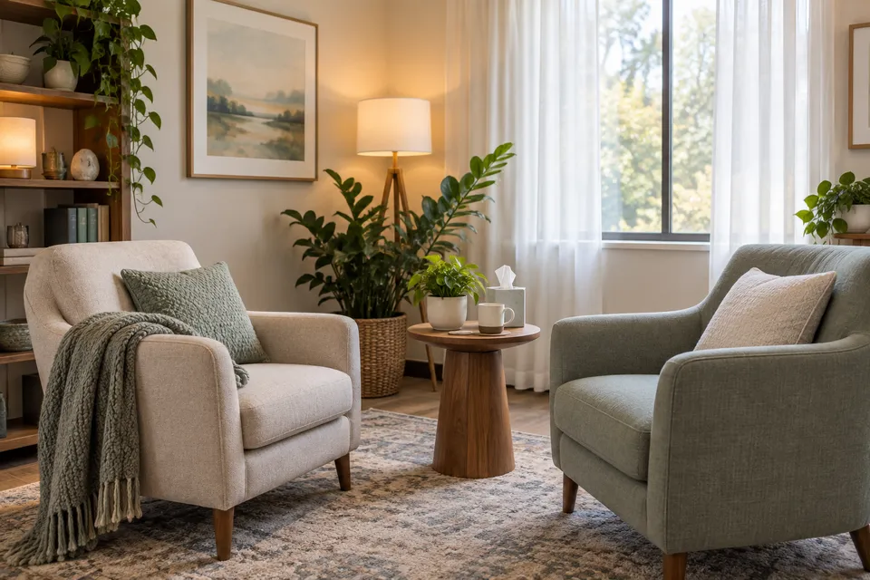 Illustrative campaign image: calm counseling office