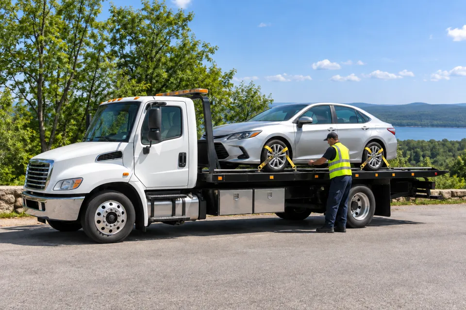 Illustrative campaign image: flatbed tow truck carrying a secured passenger car in daylight.
