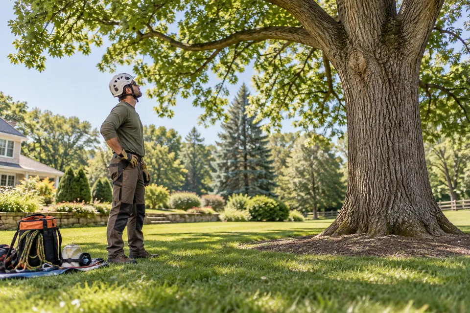 Illustrative campaign image: arborist assessing a mature tree from the ground