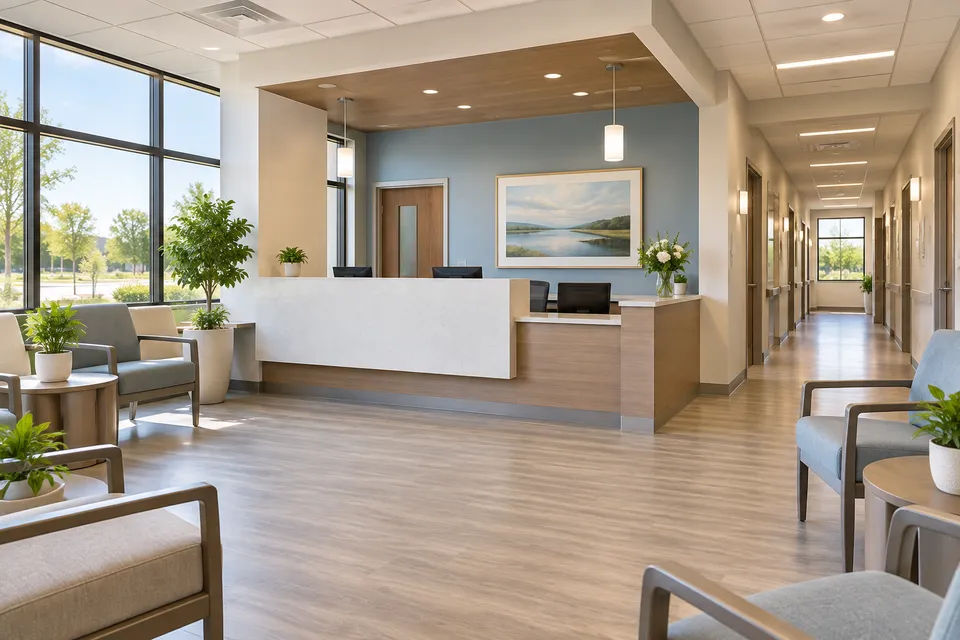 Illustrative campaign image: welcoming urgent care reception area