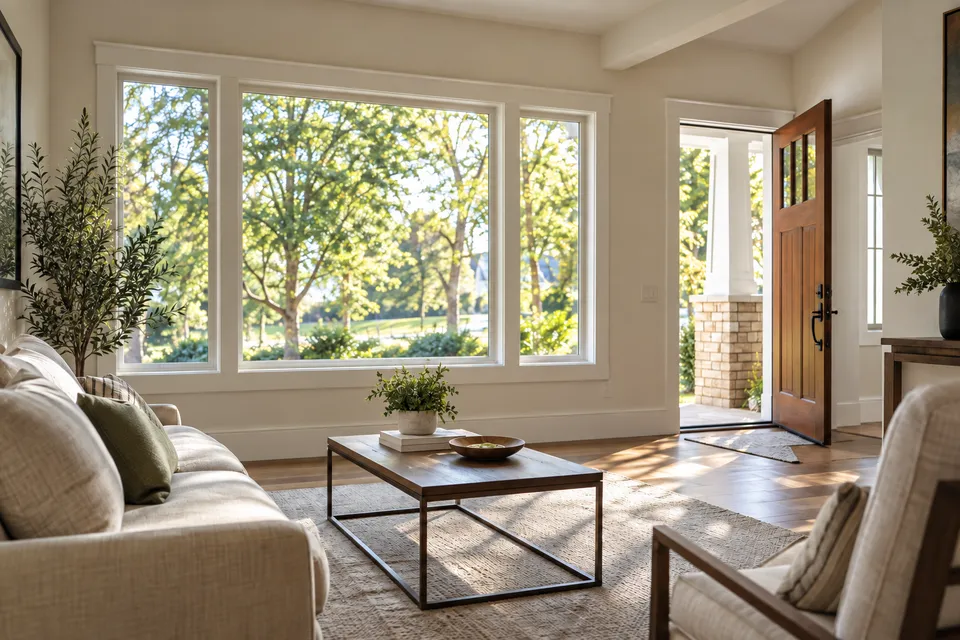 Illustrative campaign image: new windows with clean frames and finished interior trim.