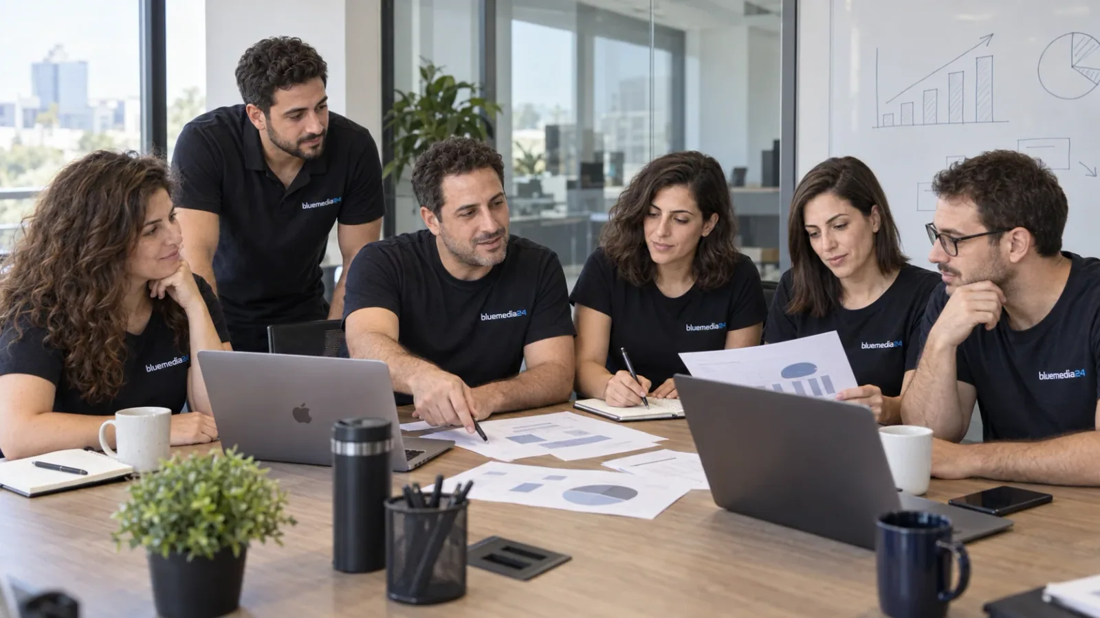 AI-generated scene of six Bluemedia24 team personas in branded shirts, discussing a project around a conference table.
